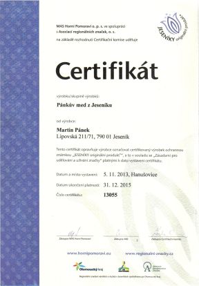 Certifikát Pánkova medu z Jeseníku